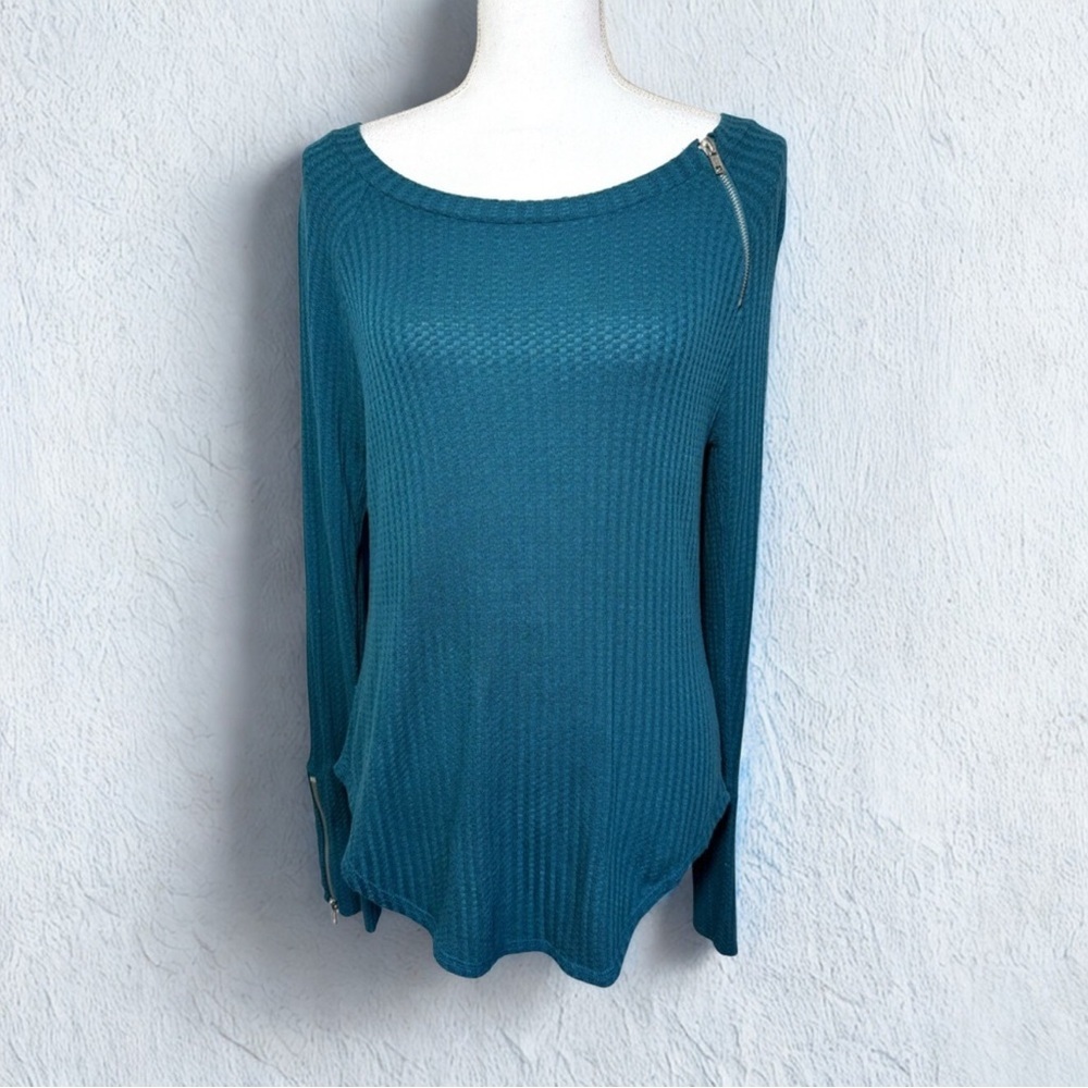 Chaser Teal Waffle Knit Scoop Neck Sweater Top Women Size Small